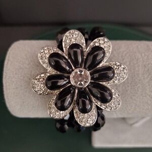 Lia Sophia‎ Corsage Stretch Bracelet Black Beads Silver Tone & Rhinestone Flower